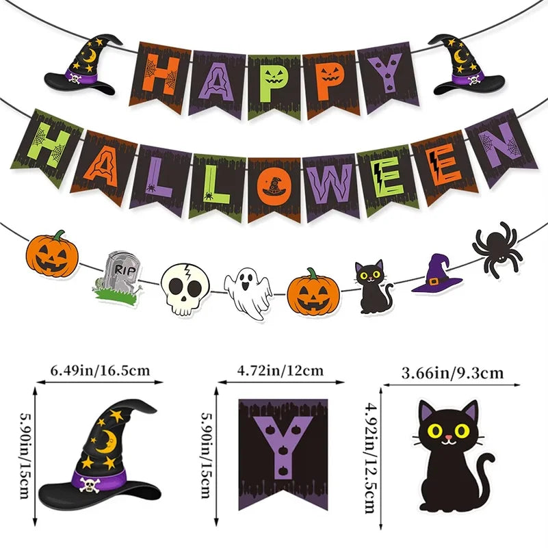 Halloween Party Decorations Set Happy Halloween Banner Trick or Treat Garland Spider Web Hanging Swirls Cupcake Toppers Balloons