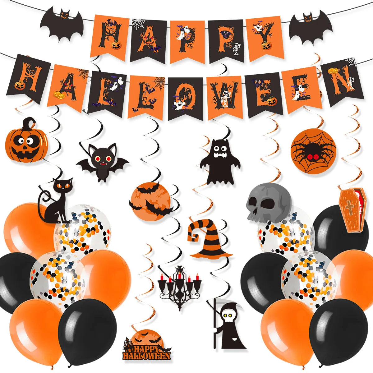 Halloween Party Decorations Set Happy Halloween Banner Trick or Treat Garland Spider Web Hanging Swirls Cupcake Toppers Balloons