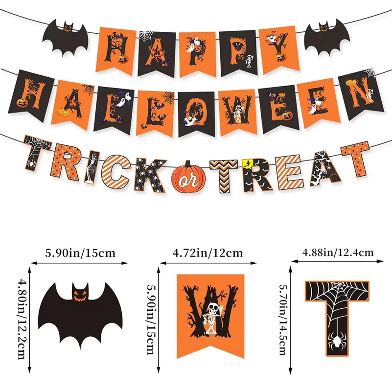 Halloween Party Decorations Set Happy Halloween Banner Trick or Treat Garland Spider Web Hanging Swirls Cupcake Toppers Balloons
